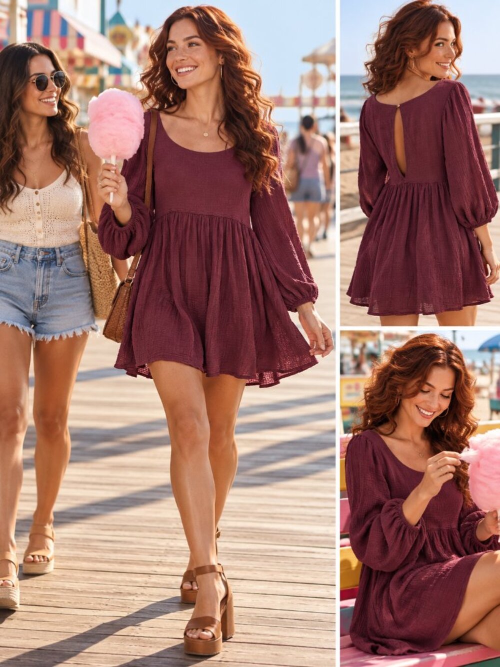 Free People FP Beach Plum Purple Gauze Long Sleeve Babydoll Mini Dress Size M